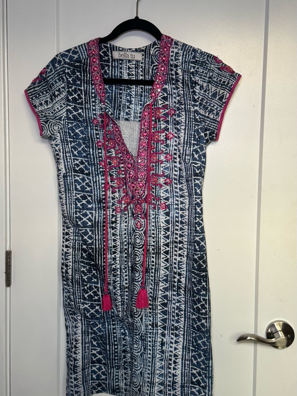 100% cotton Bella Tu indigo and magenta geometric print tunic dress